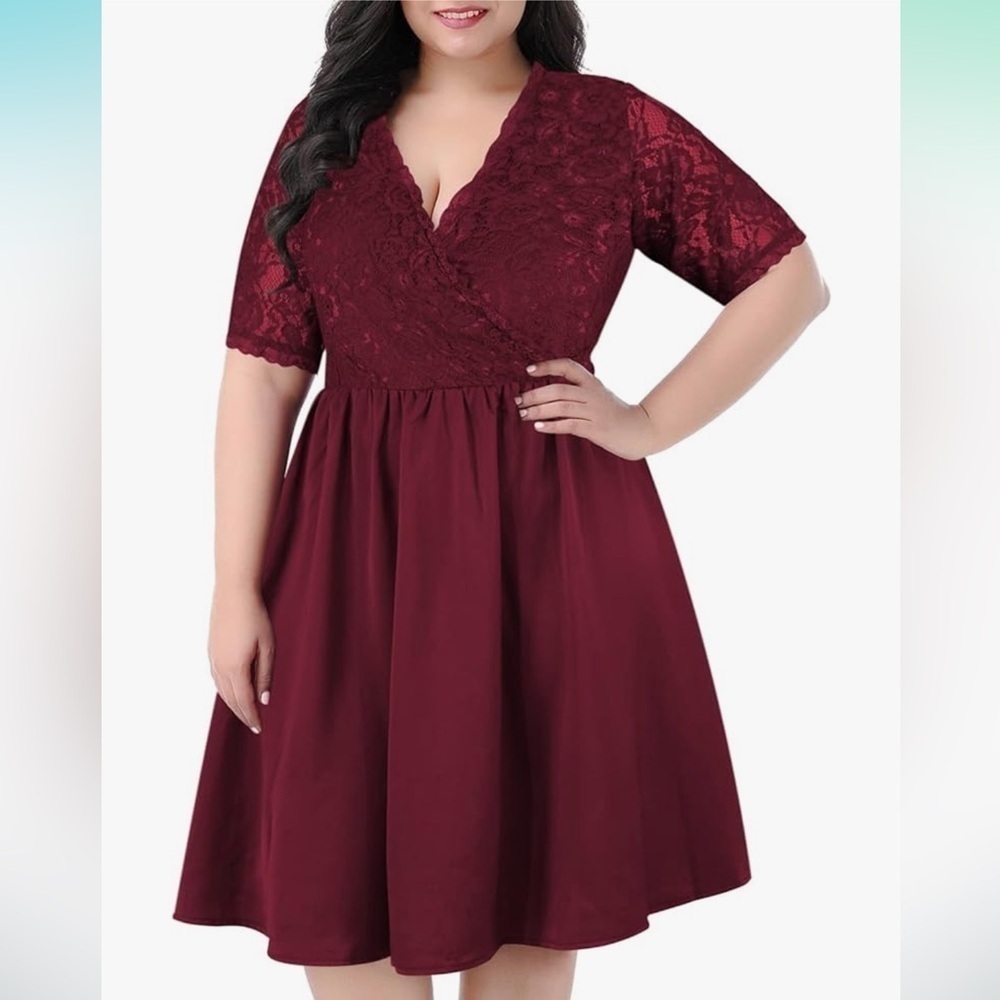 Nemidor Red Maroon Half Sleeves V-Neckline Lace Top Cocktail Party Swing Dress